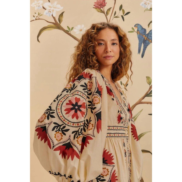 NWT Farm Rio Mandala Floral Maxi Dress Size XS Cream Balloon Sleeves Cottagecore - Picture 4 of 16